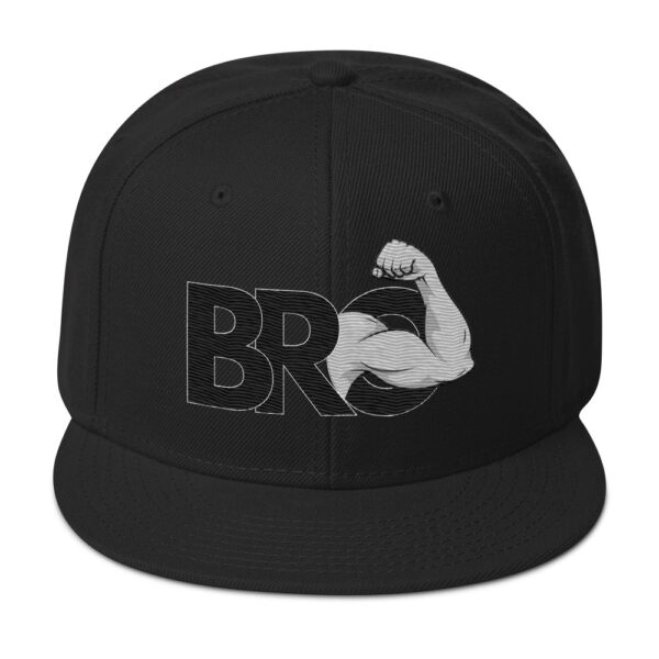 A Bro Hat featuring a black design with "BRO" text and a flexed arm graphic on the front.