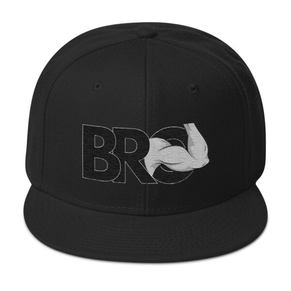 Bro Hat featuring a flexing arm graphic and 'BRO' text on the front, designed in black.