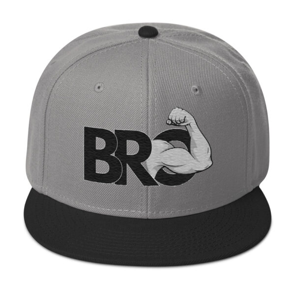 Gray and black Bro Hat featuring "BRO" and an arm flexing muscle on the front.