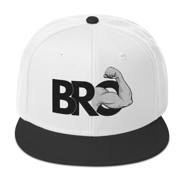 Bro Hat: A white cap with a black brim, showcasing the word "BRO" alongside an illustration of a flexed bicep.