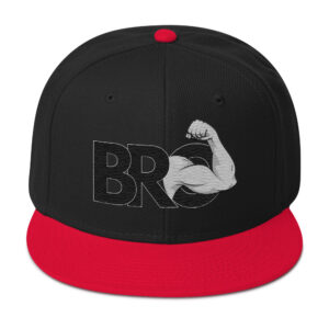 An accessory featuring a black and red design, emblazoned with the "BRO" text and an illustration of a flexed arm, known as the Bro Hat.