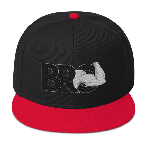 Black and red "Bro Hat" featuring the word "BRO" with an illustrated arm flexing inside the letter 'O'.