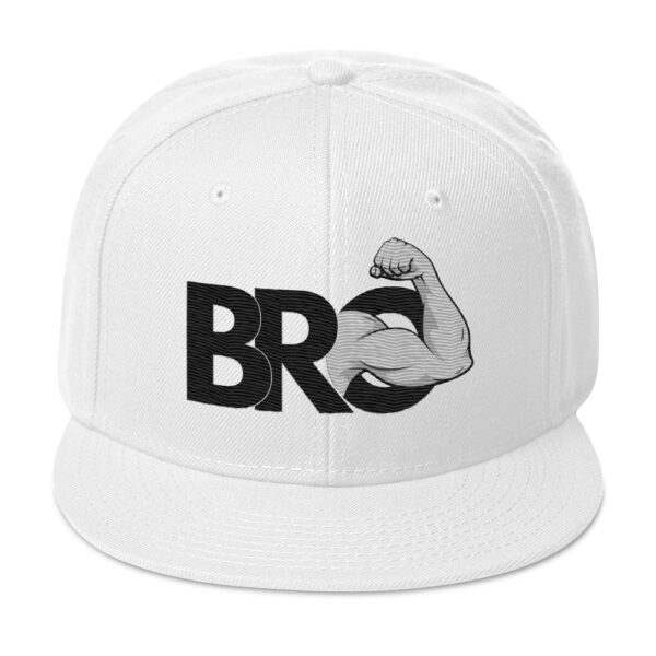 A white Bro Hat with the text "BRO" where the letter "O" is styled as a flexed arm.