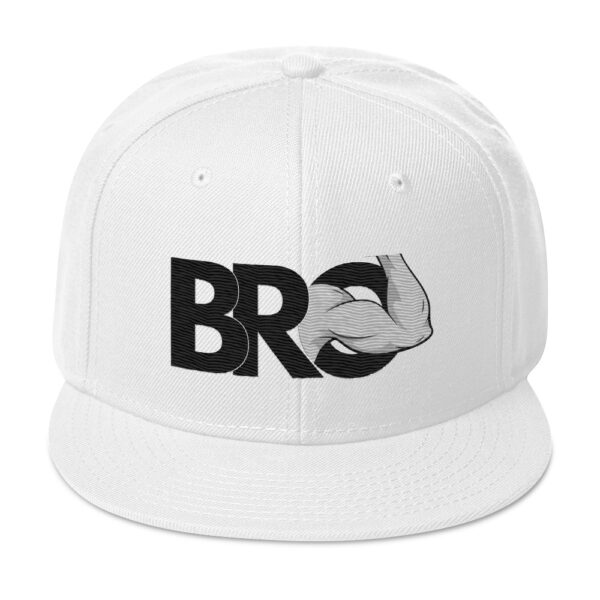 Bro Hat: A white baseball cap showcasing "BRO" alongside a flexed bicep design on the front.