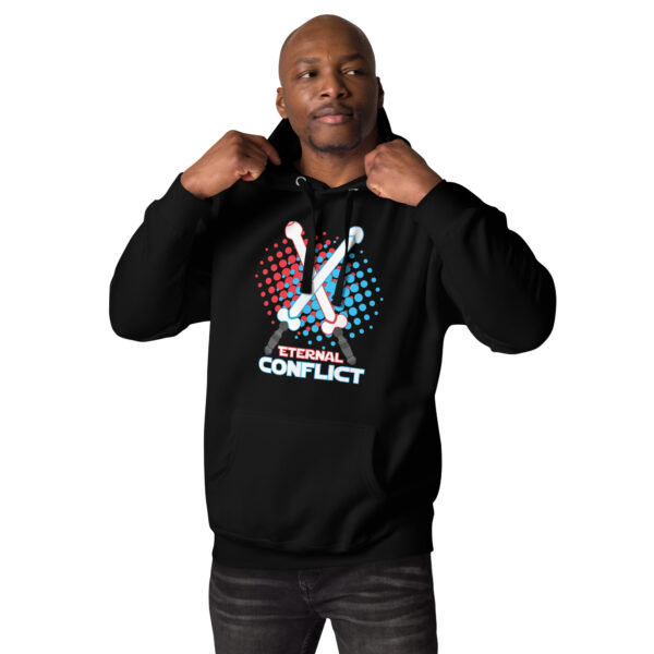 Man wearing the Eternal Conflict Hoodie, which features crossed swords, red and blue dots, and the text "Eternal Conflict.