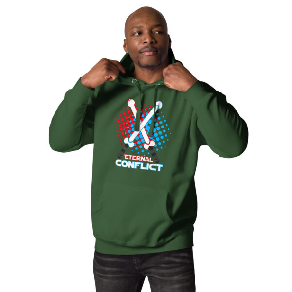 A person wearing the Eternal Conflict Hoodie, which features a design of crossed baseball bats and the text "Eternal Conflict," in green.