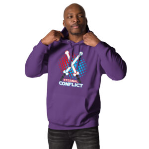 A person adjusts the hood of the Eternal Conflict Hoodie, which is purple and features a graphic with crossed swords and the text "Eternal Conflict.