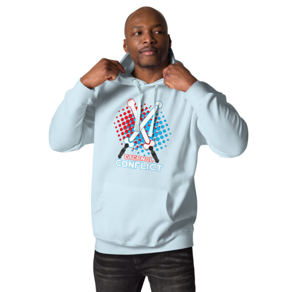 A person in an Eternal Conflict Hoodie, featuring a light blue design with a crossed swords graphic and the text "Eternal Conflict," adjusting the hood.