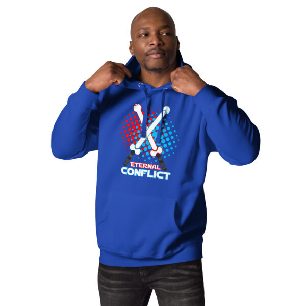 A man wearing the Eternal Conflict Hoodie, featuring a blue design with a graphic of two crossed bones, adjusts the hood.