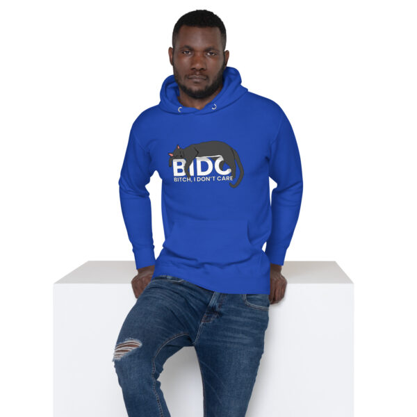 A man wearing the BIDC Hoodie, featuring a blue color with the text "BIDC" and an illustration of a cat.