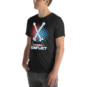 A person wearing a black T-shirt featuring crossed rockets and the product name "Eternal Conflict" adorned with blue and red dots.