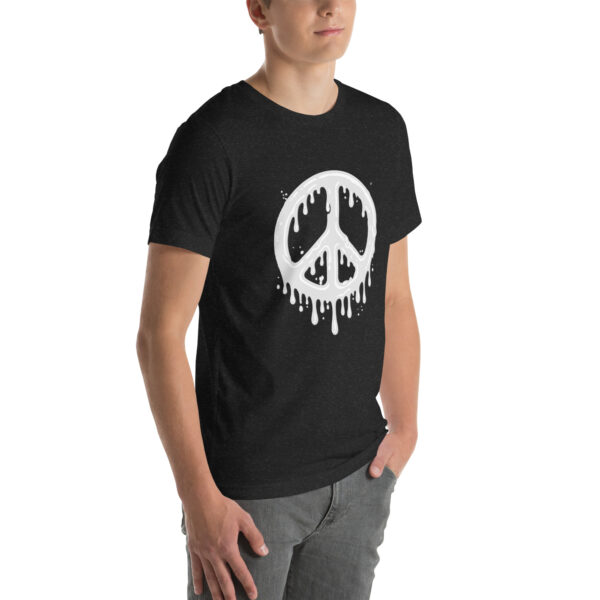 Individual sporting the "Cum in Peace" black T-shirt, featuring a white peace symbol with a dripping design.