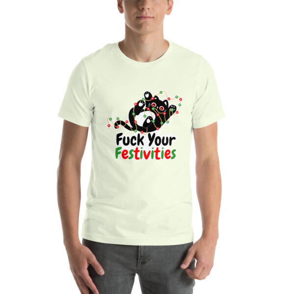 A person wearing a white T-shirt featuring the "Fuck Your Festivities" graphic design with text in black and colorful letters.