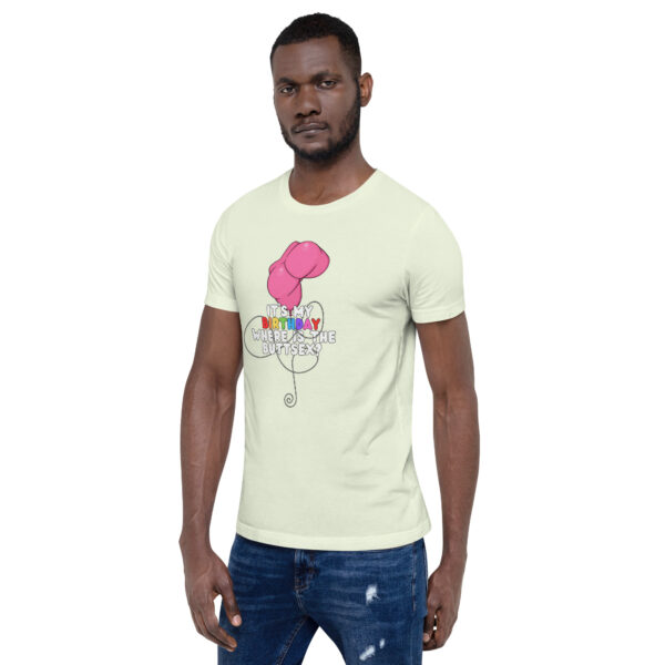 A person wearing a light green T-shirt with a whimsical pink rose and the text "It's My Birthday.