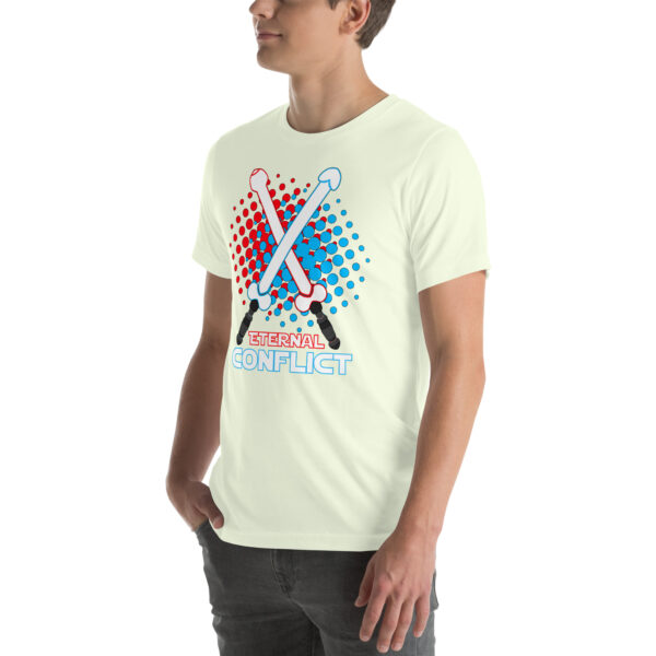 A person wearing a t-shirt titled "Eternal Conflict" featuring a graphic design of two crossed lightsabers and the words "ETERNAL CONFLICT" in red and blue.