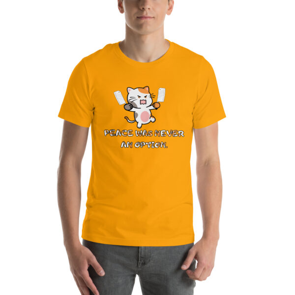 A person wearing the "Peace Was Never An Option" t-shirt, which is orange and features a cartoon cat with swords and the text.