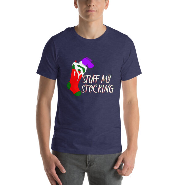 A person wearing the "Stuff My Stocking" blue T-shirt featuring a graphic of a stocking.