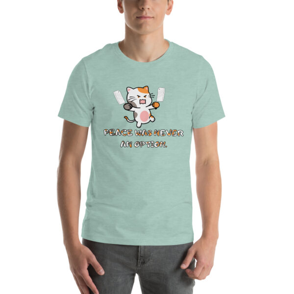 Man wearing a "Peace Was Never An Option" green T-shirt featuring a cartoon cat holding knives.