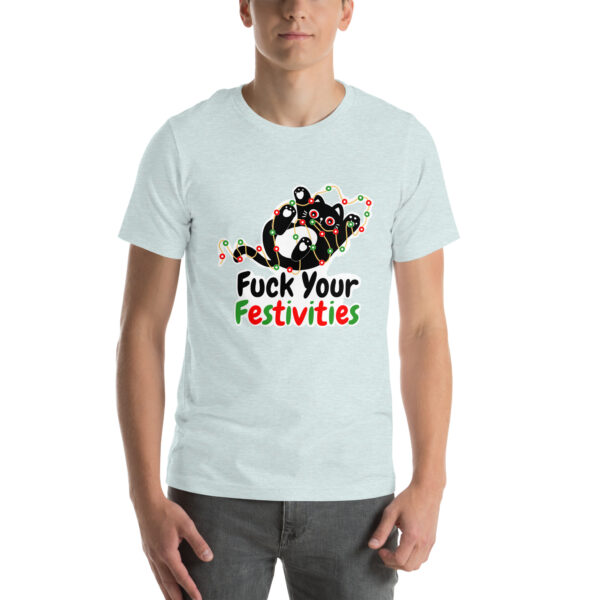 A person is wearing a light gray t-shirt featuring a festive design with the text "Fuck Your Festivities".