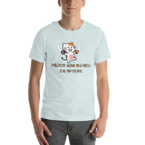 A person wearing the "Peace Was Never An Option" t-shirt, which is light-colored and displays an angry cartoon cat holding knives along with the text "Peace was never an option.