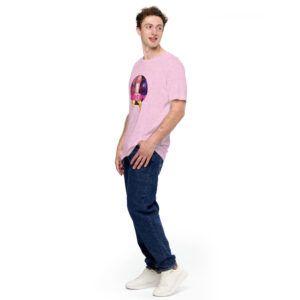 A person wearing the "Boy Toy" pink T-shirt and jeans stands against a white background, looking to the side.