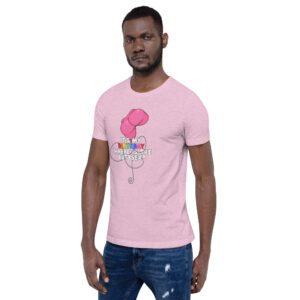 Man wearing the "It's My Birthday" pink T-shirt, featuring a balloon graphic and text, paired with ripped jeans, standing against a white background.