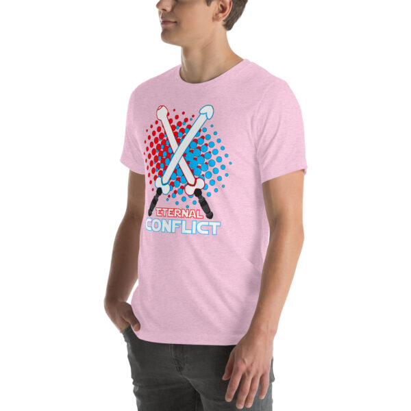 A person wearing a pink T-shirt named "Eternal Conflict," featuring a crossed swords graphic, is standing sideways.