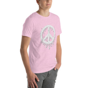 Person wearing a pink t-shirt featuring the "Cum in Peace" design, showcasing a melting peace sign.