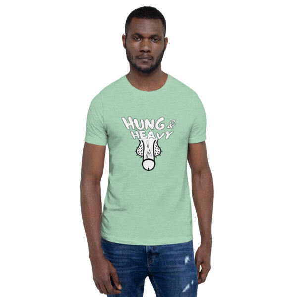 A man wearing the "Hung and Heavy" T-shirt in light green stands against a plain white background.