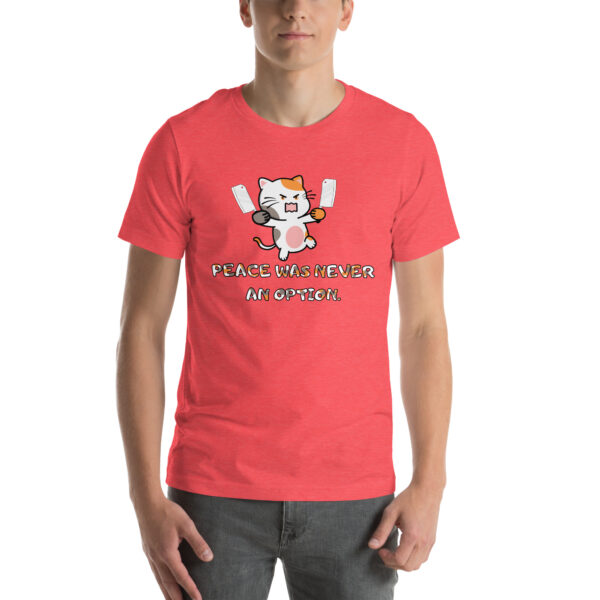 A person wearing a red T-shirt that showcases an angry cartoon cat wielding knives, accompanied by the text "Peace Was Never An Option.