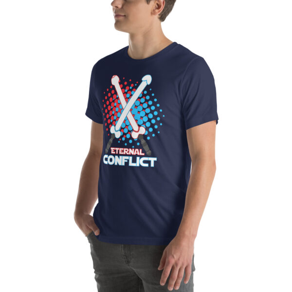 Person wearing a t-shirt featuring the "Eternal Conflict" design, which includes crossed swords on the front.