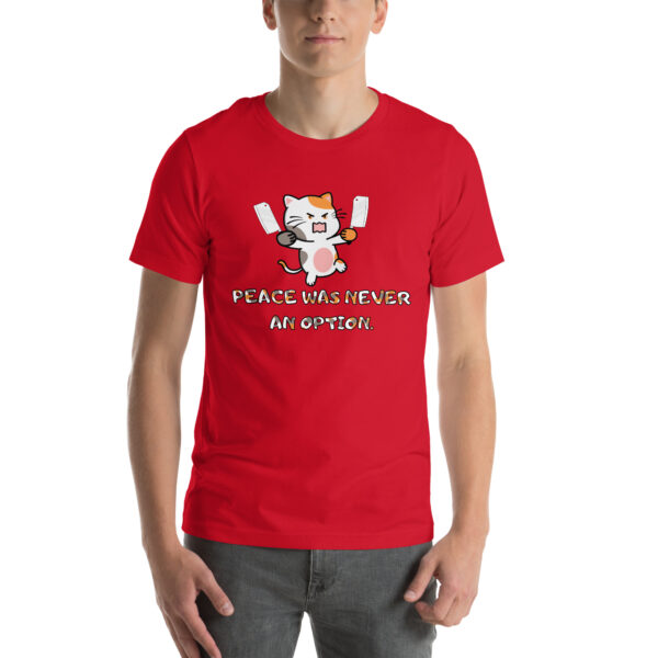 A person wearing the "Peace Was Never An Option" red T-shirt, featuring a cartoon cat holding knives.