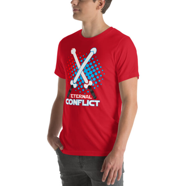 Person wearing a red "Eternal Conflict" t-shirt featuring crossed lightsabers and the words "ETERNAL CONFLICT" printed on it.