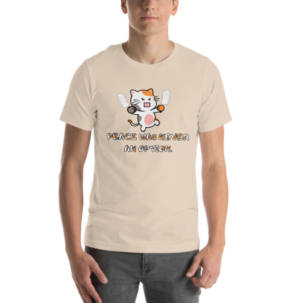 A person wearing the "Peace Was Never An Option" beige t-shirt featuring an angry cartoon cat holding knives.