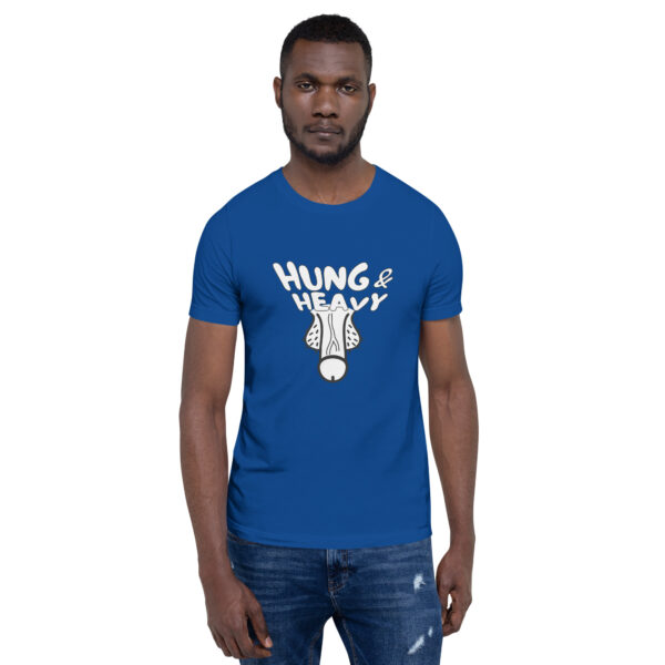 A person wearing a blue t-shirt featuring the product name "Hung and Heavy" along with an illustration on the front.