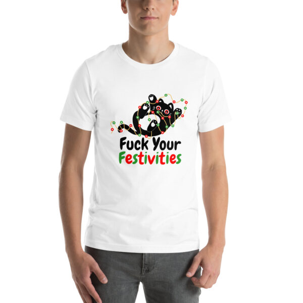 A person wearing a white t-shirt featuring the cartoonish goat design from the "Fuck Your Festivities" collection with bold black and red text.