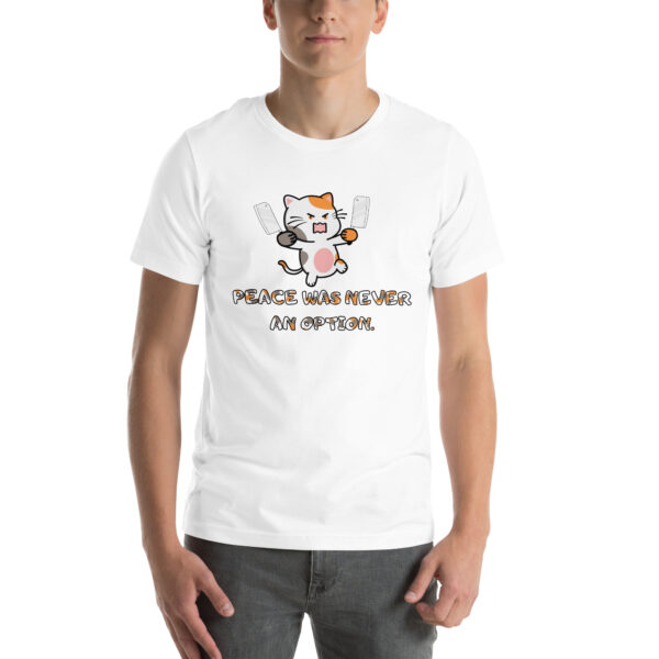 A person wearing the "Peace Was Never An Option" t-shirt, featuring a cartoon cat holding knives.