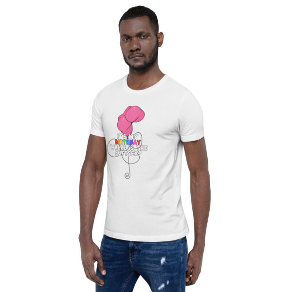 A man wearing a white t-shirt with a pink rose and the words "It's My Birthday" stands against a plain background.