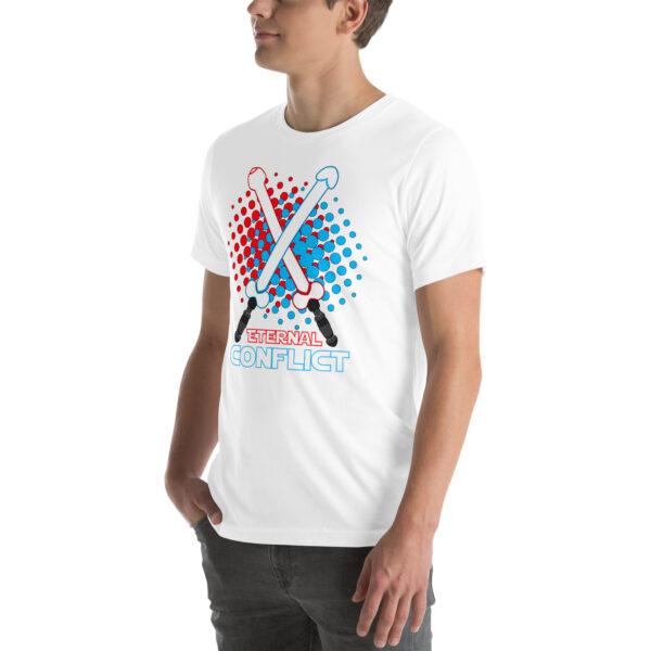 Person wearing a white t-shirt featuring the "Eternal Conflict" design, with crossed swords and red and blue text.