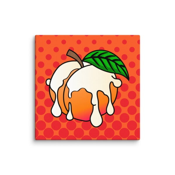 Illustration of Peaches and Cream featuring a peach with white drips and a leaf on a red polka dot background.