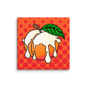 Illustration of the Peaches and Cream product with a peach covered in cream against an orange polka dot background.