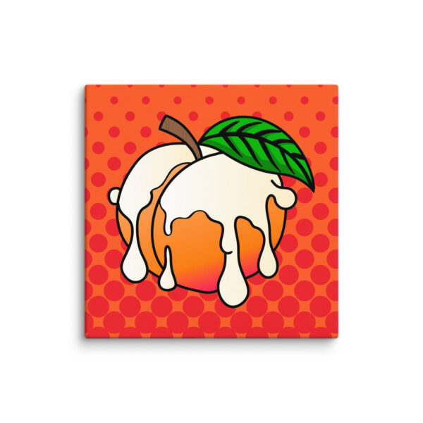 Illustration of the Peaches and Cream design featuring a peach with white drips and a green leaf on an orange polka dot background.