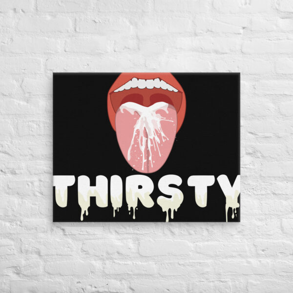 Illustration of an open mouth with liquid pouring out over the word "Thirsty" in large, dripping letters on a black background, known as the Thirsty Canvas.