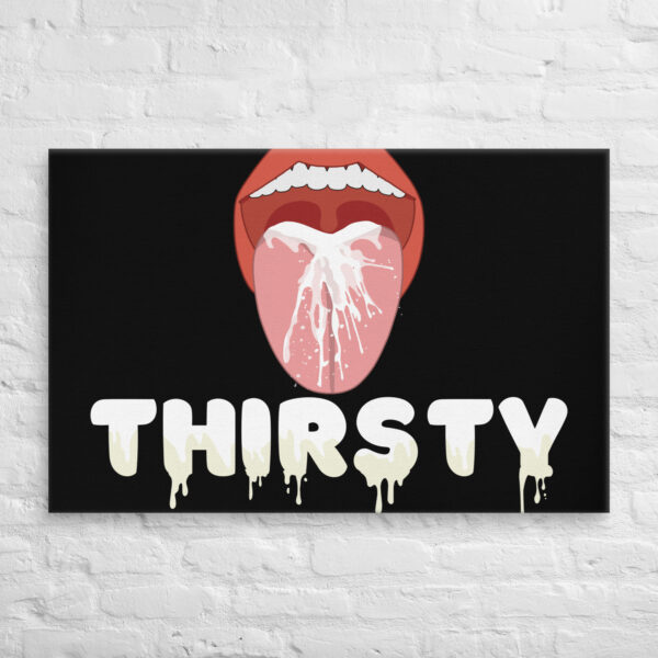 A depiction of a mouth with an open tongue catching liquid, displayed above "Thirsty Canvas" in bold letters on a black background.