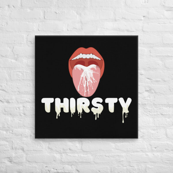 Illustration of an open mouth with milk splashing out above the word "Thirsty Canvas" in dripping white text on a black background.