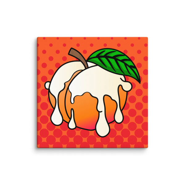 Illustration of the Peaches and Cream product, featuring a stylized peach with cream dripping against an orange polka dot background.