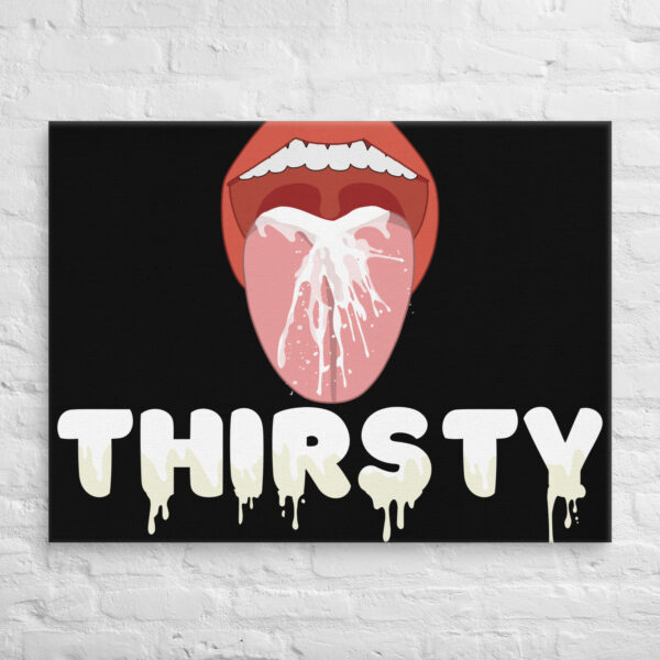 Illustration of an open mouth with liquid splashing and the words "Thirsty Canvas" in bold, drippy letters below.