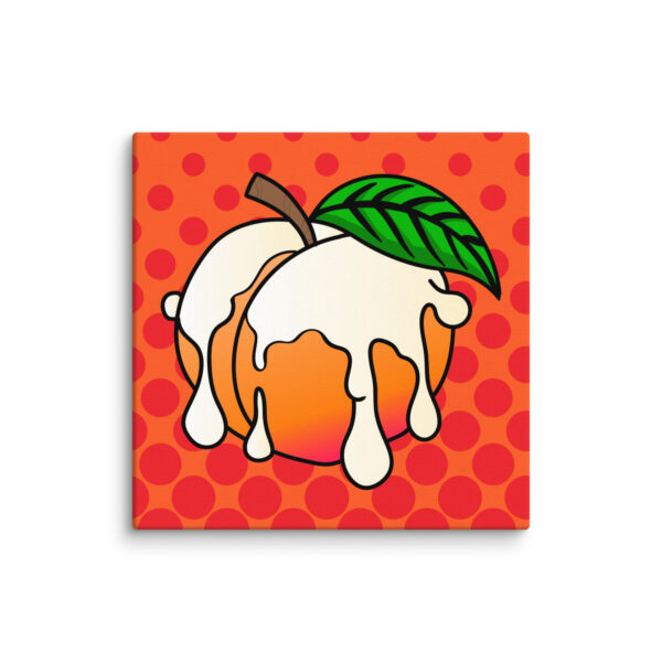 Product Name: "Peaches and Cream" featuring an illustrated peach with cream and a green leaf on an orange polka dot background.