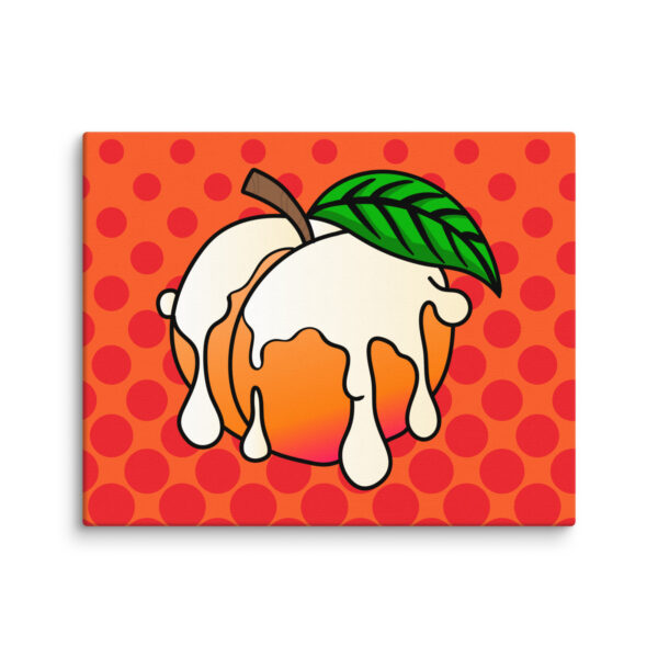 Illustration of the Peaches and Cream product featuring a peach with cream drips and a green leaf on an orange polka dot background.