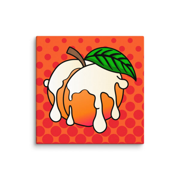 Illustration of the Peaches and Cream product featuring a peach with cream dripping against an orange background adorned with red dots.